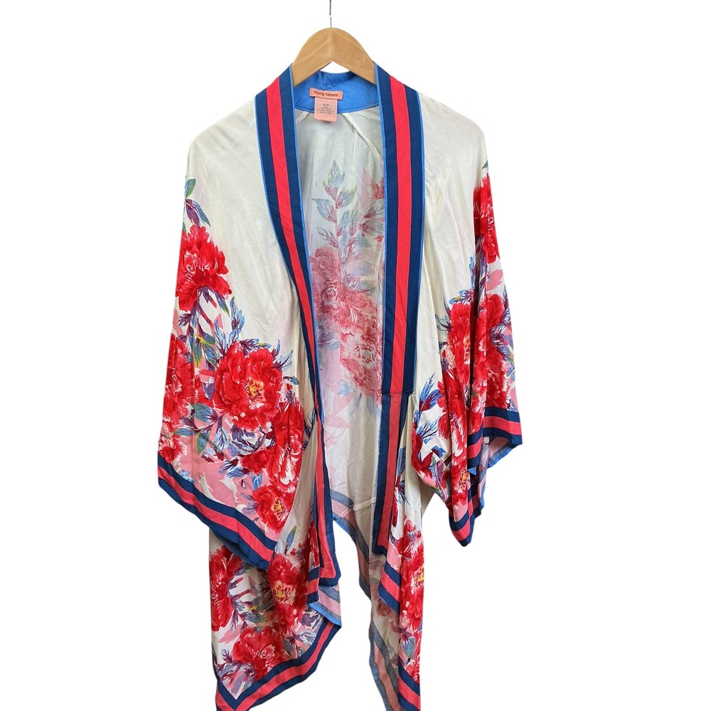 Flying Tomato Womens Floral Kimono Wrap Red Blue Striped Trim Rayon S/M - Picture 4 of 12